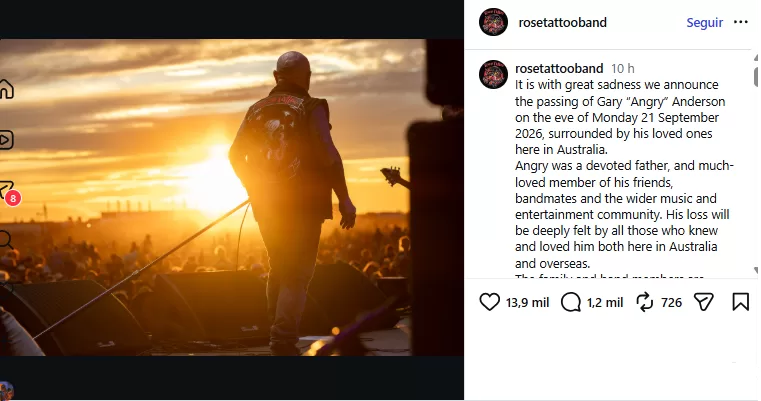 Rock australiano de luto por muerte de Angry Anderson, líder de Rose Tattoo, a los 79 años