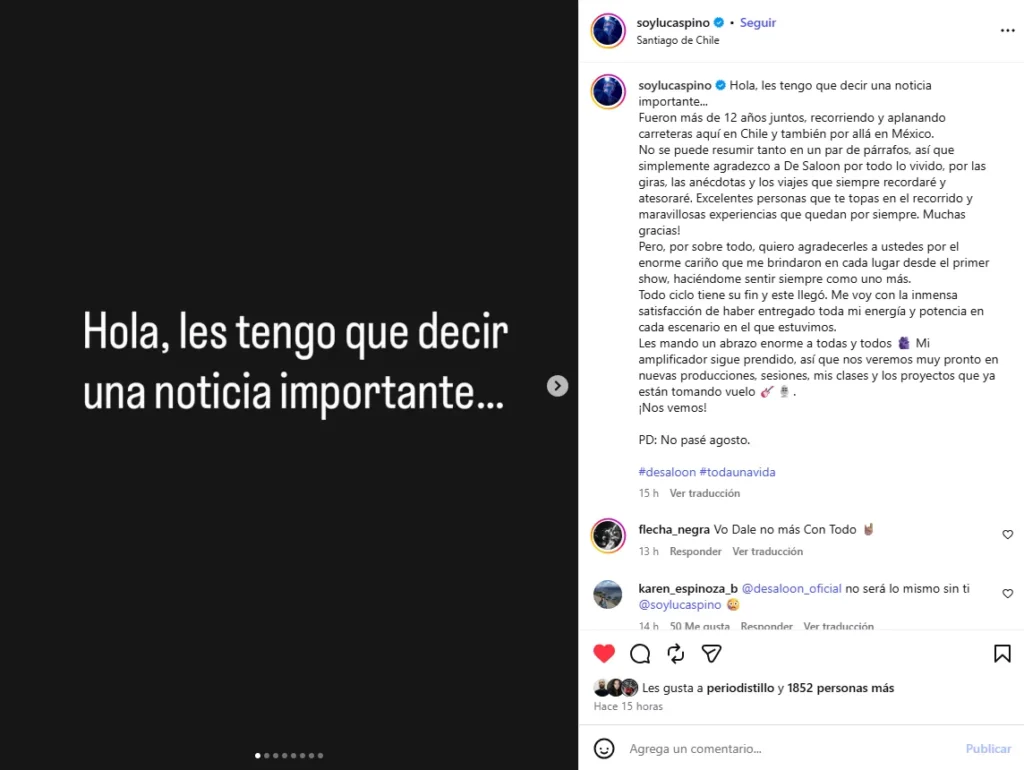 De Saloon y Lucas Pino separan caminos tras 12 años de gira