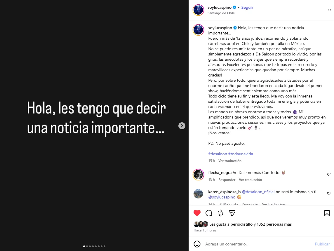 De Saloon y Lucas Pino separan caminos tras 12 años de gira
