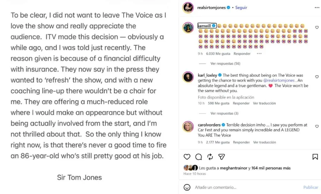Tom Jones afirma que ITV lo echó de The Voice UK y le ofreció un rol menor