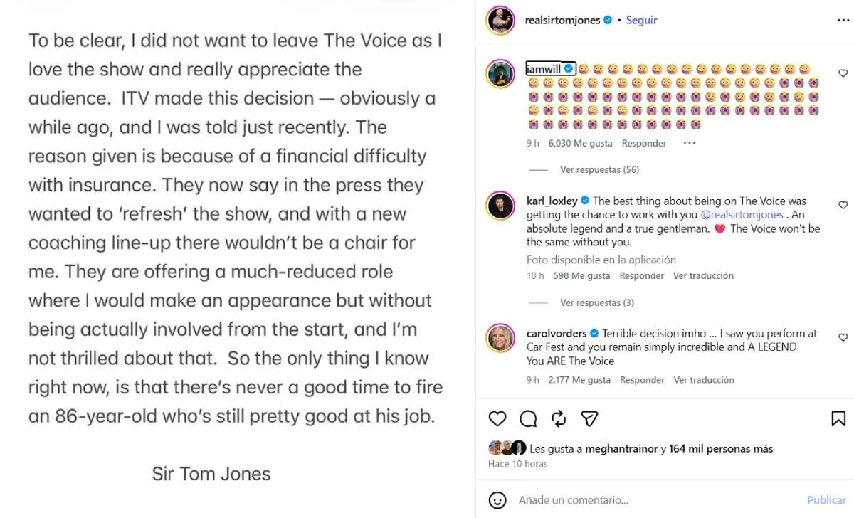 Tom Jones afirma que ITV lo echó de The Voice UK y le ofreció un rol menor