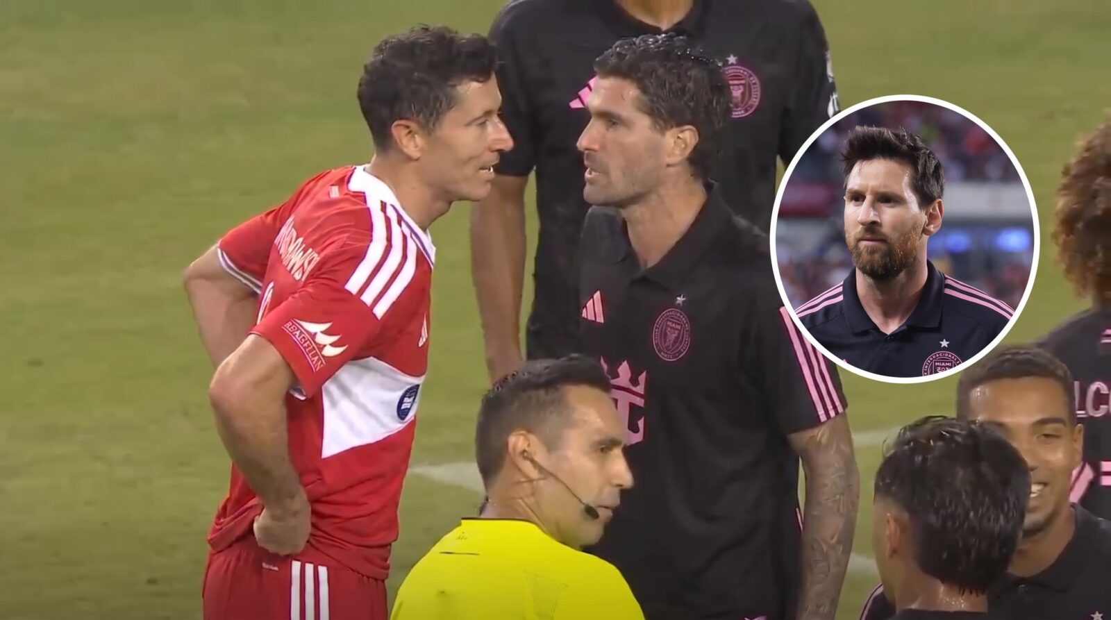 Messi se desmarca de la pelea y conversa con Noah Allen mientras De Paul y Lewandowski se enfrentan