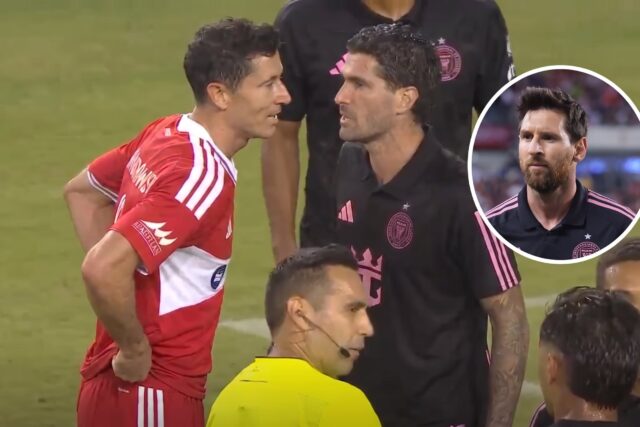 Messi se desmarca de la pelea y conversa con Noah Allen mientras De Paul y Lewandowski se enfrentan