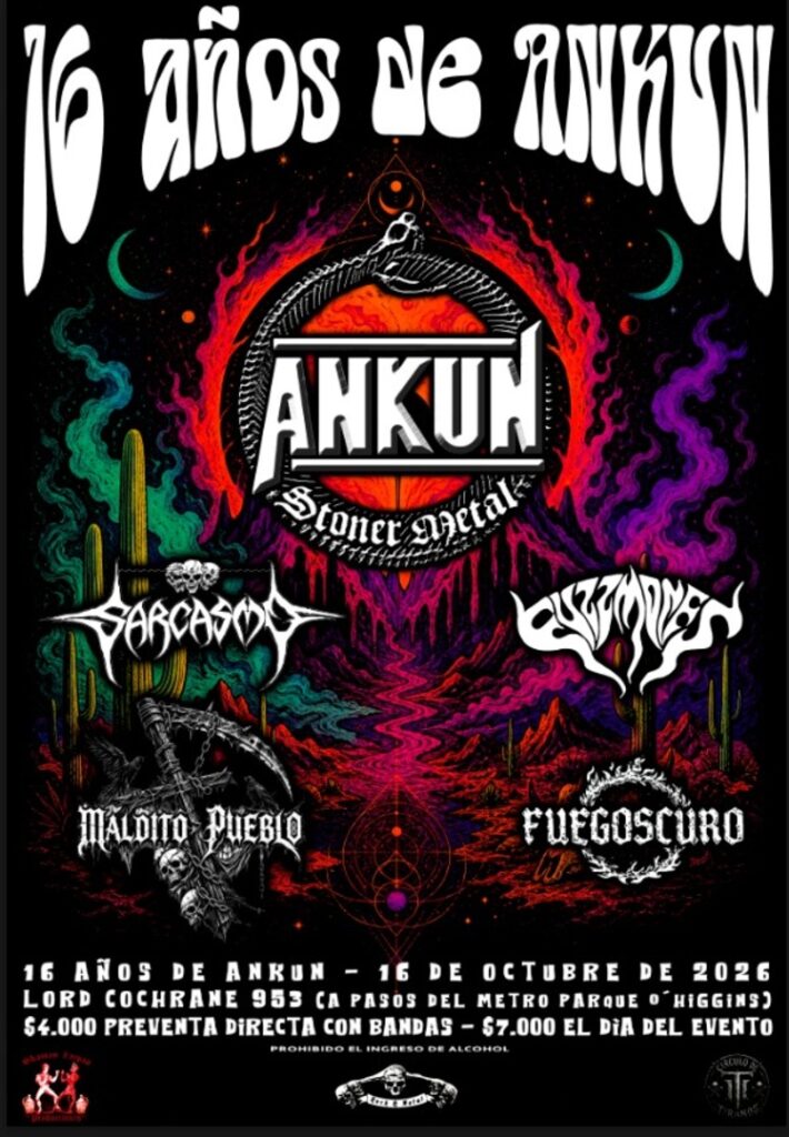 Aniversario numero 16 de ankun, bandas presentes, ANKUN, FUSSMONES, MALDITO PUEBLO, FUEGOSCURO Y SARCASMO