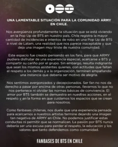 “Nos avergüenza profundamente”: fanbases de BTS en Chile repudian robos en Pop Up
