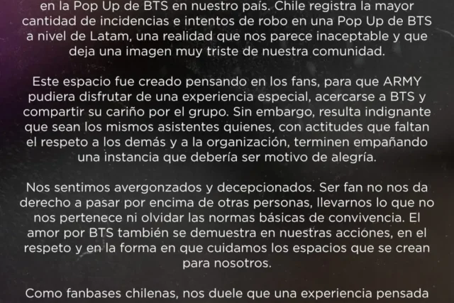 “Nos avergüenza profundamente”: fanbases de BTS en Chile repudian robos en Pop Up