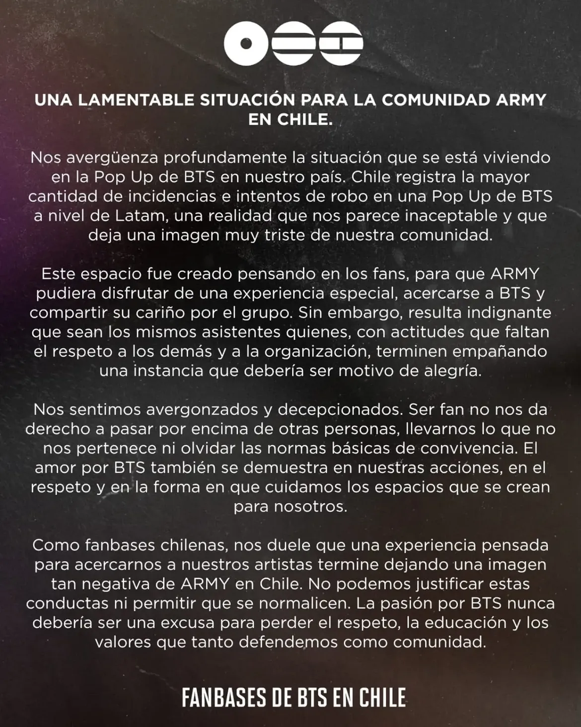 “Nos avergüenza profundamente”: fanbases de BTS en Chile repudian robos en Pop Up